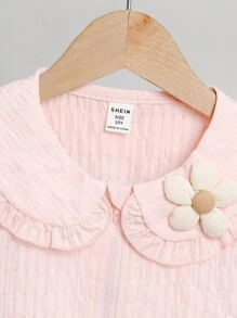 SHEIN Tween Girls Casual Textured Fabric Peter Pan Collar 3D Flower Decor Jacket, Spring/Autumn - Pink - View 3