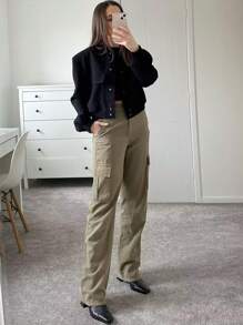 TRAFZA 女士复古纯色长袖夹克，带口袋和纽扣，休闲秋季飞行员夹克，黑色，春季款 - 黑色 - 查看 8