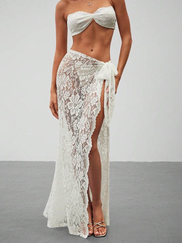 Aloruh 2pcs Women Twist Bandeau Top And Lace-Up Sheer Skirt Set