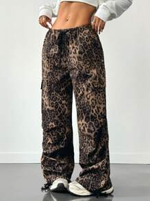 SHEIN EZwear 女士豹纹抽绳腰部降落伞工装裤