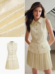MOTF STUDIO TWEED FLAP DETAIL BUCKLE BELTED PLEATED HEM SHORT DRESS