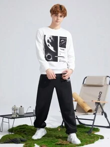SHEIN Conjunto de sudadera de cuello redondo suelta y cómoda y pantalón de chándal para niños adolescentes, con forro polar reforzado - Blanco y Negro - Ver 4