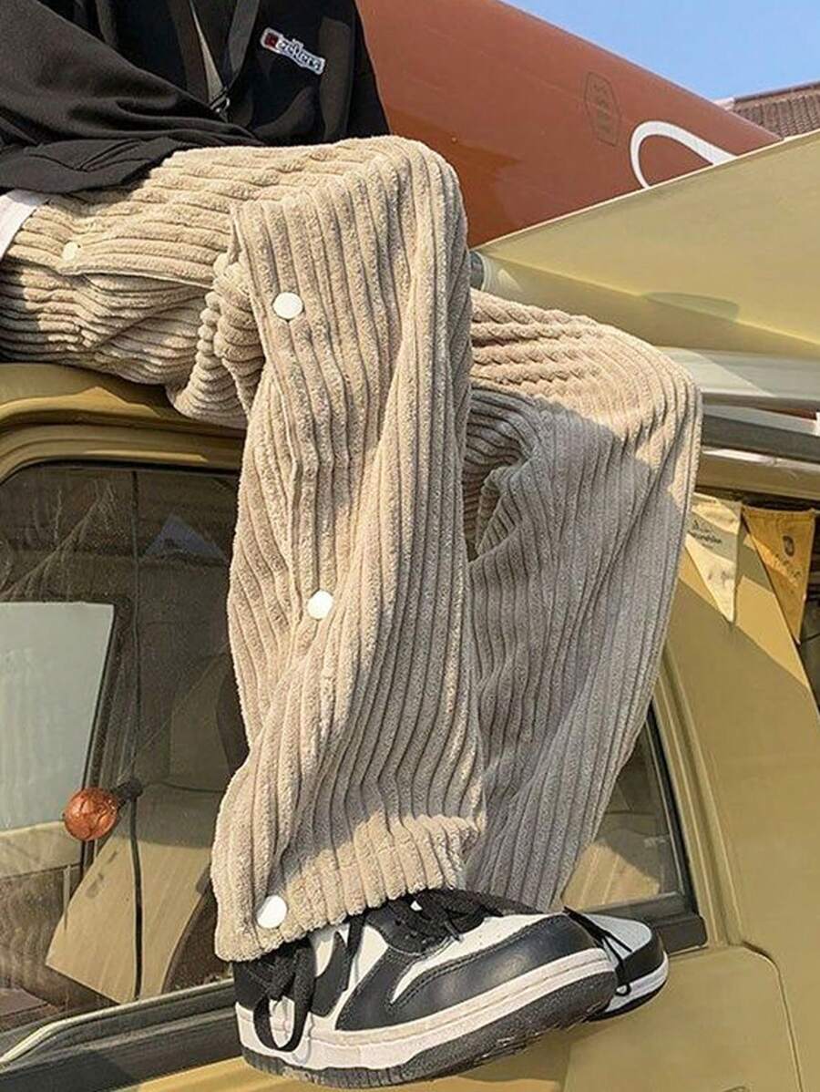 Teen Boy Plain Ribbed Side Button Decorative Straight Loose Casual Pants - Apricot - View 1