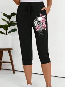 EMERY ROSE Pantalones capri para mujer con estampado de calavera, patrón de henna, loto y floral acuarela con bolsillo y detalle delantero de lazo