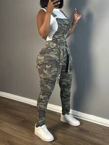 Women's Adjustable Strap Camouflage Jumpsuit - Women's Spring Clothing Casual Vacation - Army Green - View 3