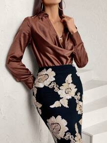 SHEIN Privé Vintage Style Casual Satin Draped Neck Long Sleeve Shirt Fall Cloth For Women - Brown - View 3