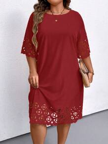 EMERY ROSE 大码休闲纯色镂空连衣裙 酒红色女装，适合夏季 - 酒紅色 - 查看 4