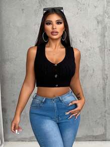 Zolique Solid Deep V-Neck Button Front Sexy Sweater Vest - Black - View 4