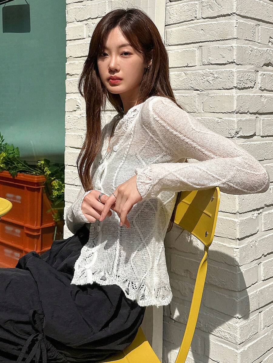 DAZY Áo len đan nhẹ màu trơn cho nữ - trắng - Xem 1