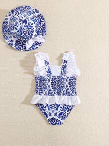 1pc Baby Girl One-Piece Swimsuit With Hat - Blue and White - View 2