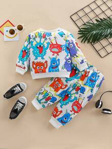 Baby Boy Autumn And Winter Warm Graffiti Casual Fashion Street Style Little Monster Cartoon Print Two-Piece Suit - Multicolor - View 2