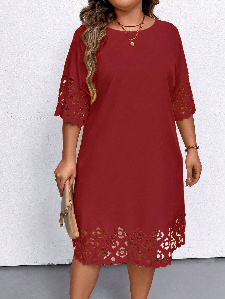 EMERY ROSE 大码休闲纯色镂空连衣裙 酒红色女装，适合夏季 - 酒紅色 - 查看 1