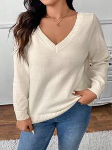 SHEIN Frenchy Plus Size Elegant V-Neck Lace Patchwork Fitted Sweater, For Winter - White - View 2