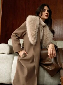 Anewsta Áo khoác dài tay có túi thắt lưng cổ lông, thích hợp cho mùa thu/đông - Màu Khaki - Xem 7