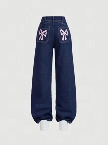 SHEIN MOD Jeans anchos y sueltos de mujer con estampado de lazos lindos, pantalones holgados azules, jeans navideños, jeans con lazos de otoño para mujer, jeans de bienvenida, jeans holgados para mujer, pantalones azul marino - Azul lavado oscuro - Ver 2