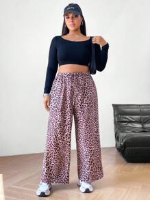 SHEIN EZwear Pantalon ample à jambes larges avec poches, en tissu tissé à motif léopard, taille haute, mode polyvalente pour les femmes grandes tailles pour un port casual et quotidien en été