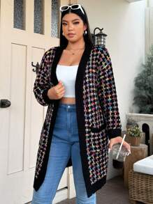 Flirla Plus Size Long Plaid Mixed Color Cardigan With Pockets, For Winter Fall Cloth For Women