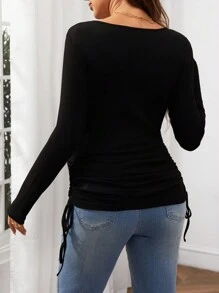 SHEIN Maternity Solid V-Neck Black Crop Tie Side Long Sleeve T-Shirt