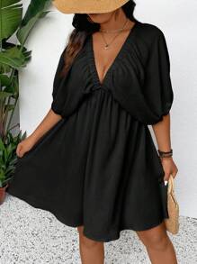 SHEIN Frenchy Comfortable Lantern Sleeve Mid-Length A-Line Plus Size Vacation Casual Short Dress Summer Women Dresses - Black - View 5