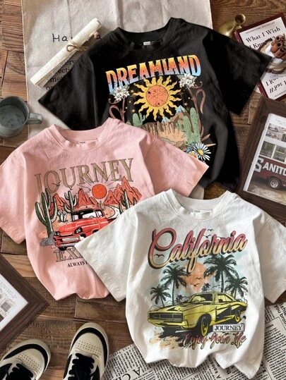SHEIN 3 件装年轻女孩休闲简约美式复古户外风景老爷车卡通印花 T 恤，百搭夏季