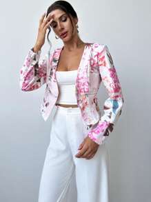 SHEIN Privé Solid Printed Open Front Work Women Cropfall Clothes Blazer - Multicolor - View 5