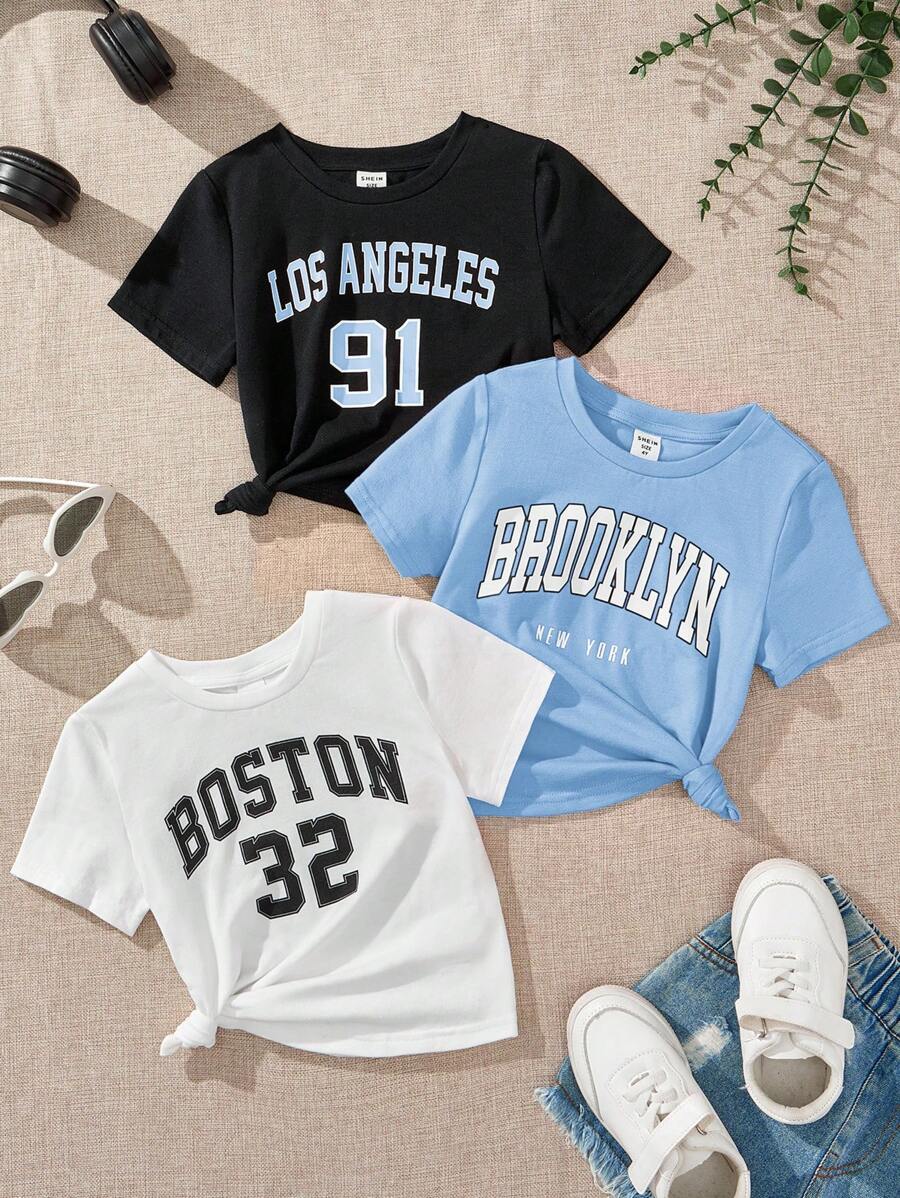 SHEIN 3 件套年轻女孩纯色针织字母印花圆领修身休闲 T 恤 - 藍色 - 查看 1