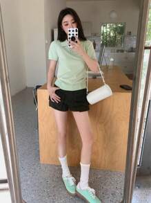 DAZY Women's Short Sleeve Polo Neck Knit Top