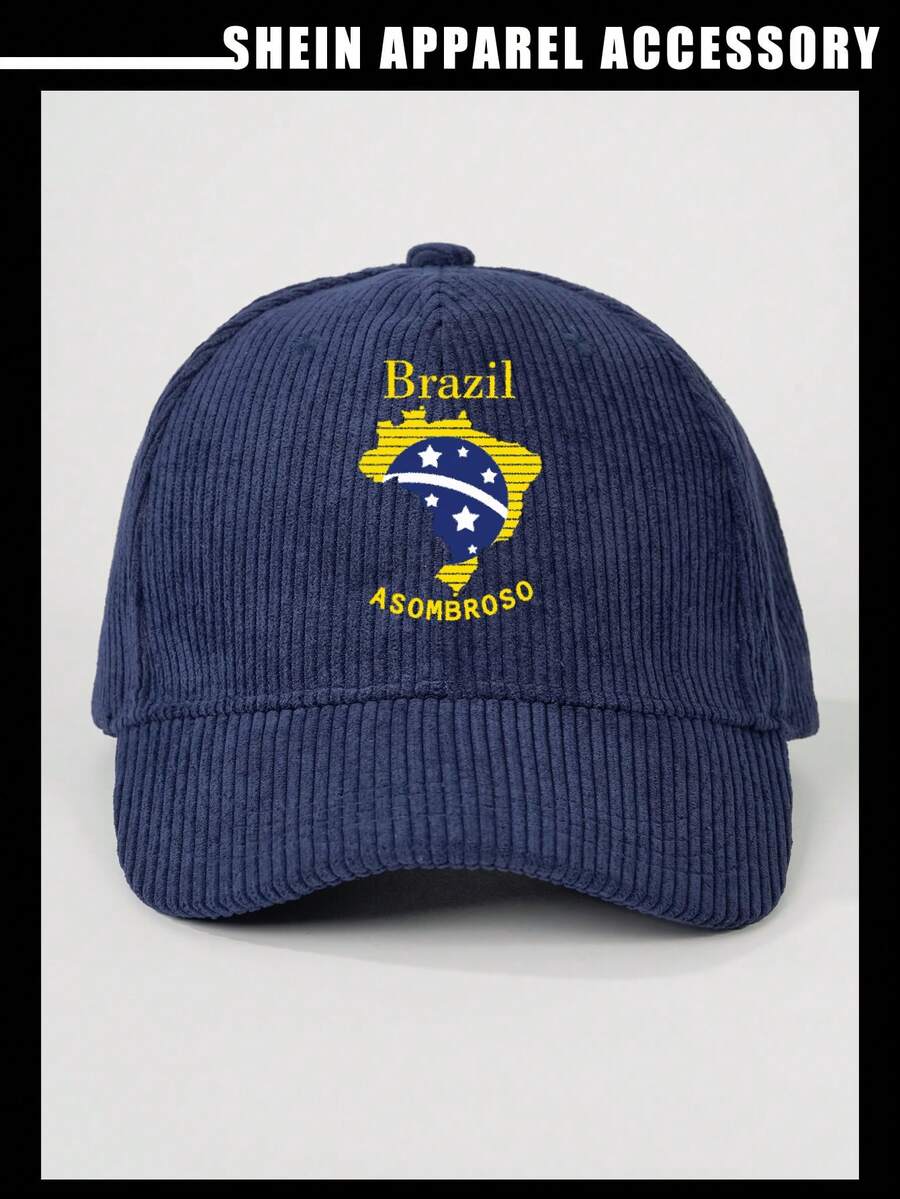 SHEIN 1pc Embroidered "Brazil ASOMBROSO" Five-Pointed Star Corduroy Unisex Baseball Cap - Navy Blue - View 1