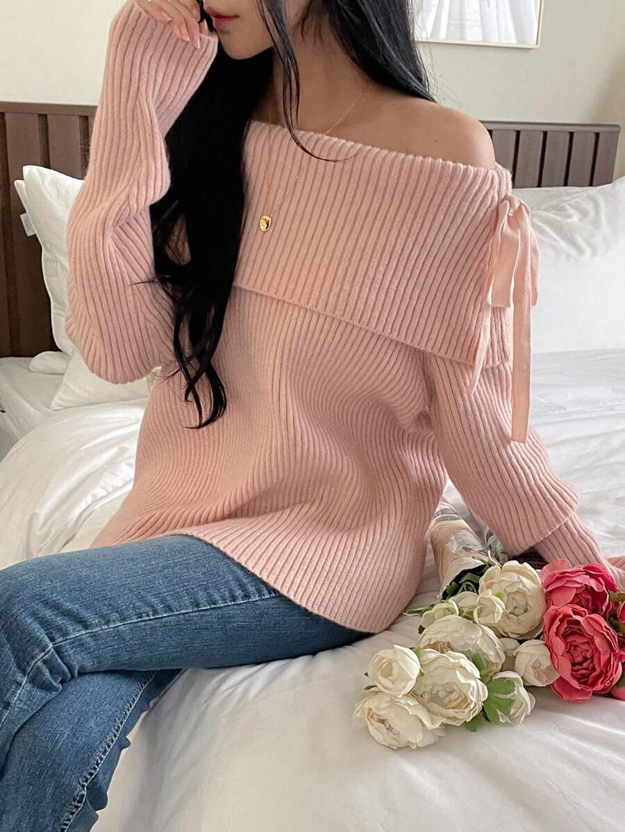 DAZY Suéter holgado de mujer con hombros descubiertos y manga larga, para otoño/invierno - Rosa - Ver 1