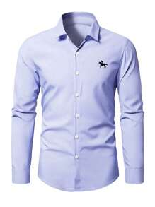 Manfinity Mode Men's Embroidery Front Button Down Collar Long Sleeve Shirt, Fall - Blue - View 4