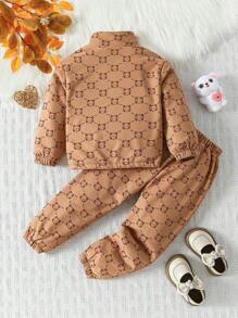 2pcs/Set Toddler Girls' Casual Cute Cat Paw Print Design Jacket With Letter Patch & Pants, Outfit Set - Multicolor - View 2