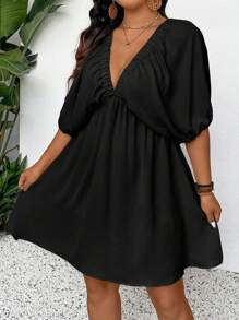 SHEIN Frenchy Comfortable Lantern Sleeve Mid-Length A-Line Plus Size Vacation Casual Short Dress Summer Women Dresses - Black - View 3