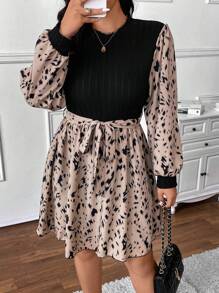 SHEIN Frenchy Plus Size Casual Ribbed Mixed Textured Printed Round Neck Cinched Waist A-Line Dress - Multicolor - View 6