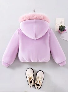 SHEIN 年轻女孩拉链蝴蝶图案毛绒装饰连帽棉服外套，可爱的衣服 - 紫色 - 查看 2
