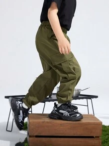 SHEIN 3入組男孩休閒實色貨裝式長褲，側口袋和束口設計，三件套 - 彩色 - 查看 3