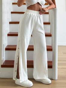 SHEIN Tall Cotton Wide Leg Side Detailed Sweatpant - Beige - View 3