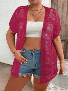 Breezaya Plus Size Women's Solid Color Minimalist Short Sleeve Hollow-Out Cardigan - Hot Pink - View 5