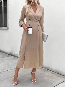 SHEIN Clasi 女士夏季纯色马球领袖口侧开衩下摆优雅办公室连衣裙