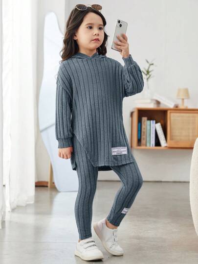 SHEIN Young Girl Loose Vintage Hooded Asymmetrical Ribbed Two-Piece Jumpsuit