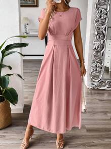 Chiquease 女士純色短袖圓領夏季連衣裙 - 藕粉色 - 查看 4