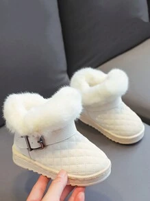 儿童女童一脚蹬鞋时尚，鞋口毛绒舒适，毛绒衬里和温暖的雪地靴表面柔软，鞋底柔软，适合室内和室外穿着 - 米色 - 查看 2