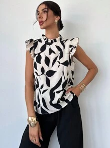 Firerie Blusa elegante de mujer con estampado floral y mangas de tapón para uso diario y vacacional, Top sin mangas para el verano