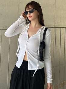 DAZY 女士纯色立领修身长袖T恤，秋季服装 - 白色 - 查看 5