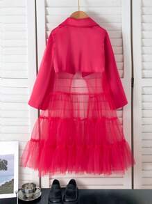 Chaqueta de manga larga con cuello rojo, dobladillo de malla, linda y juguetona, moda nueva para niñas jóvenes, conjunto a juego diario regular mamá e hija (2 piezas se venden por separado)