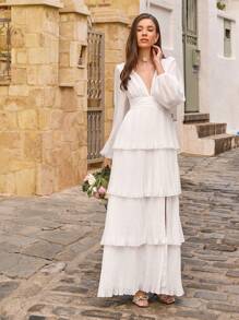 Enchnt 女式春夏深 V 领灯笼袖层叠荷叶边下摆连衣裙 - 白色 - 查看 7