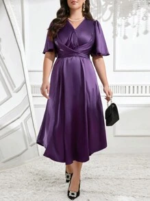 Modelyn Plus Size Women's Plain Short Sleeve Daily Arabic Clothing Long Evening Dresses - Violet Purple - View 1