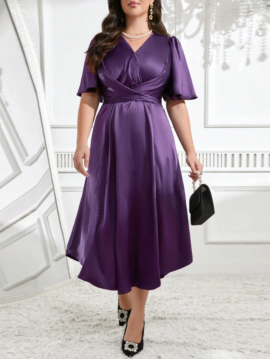 Modelyn Plus Size Women's Plain Short Sleeve Daily Arabic Clothing Long Evening Dresses - Violet Purple - View 1