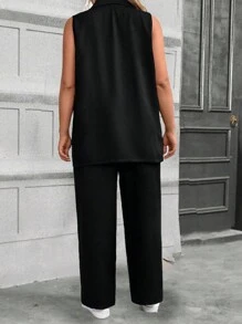 SHEIN LUNE 大尺碼純色有扣袖less外套，配有口袋和長褲套裝 - 黑色 - 查看 2