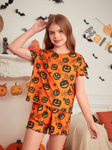 SHEIN Burnt Orange Halloween Pumpkin Print Short Sleeve Shorts Pajama Set,Cute Summer Family Matching Mommy And Me Outfits - Orange - View 5