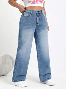 SHEIN EZwear Plus Size Casual Distressed Straight Leg Jeans